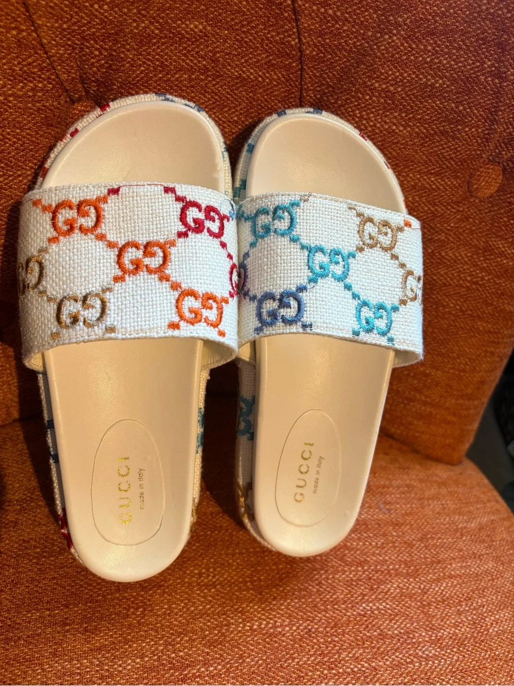 Gucci Angelina Multicolor GG Logo Platform Slides Sandals